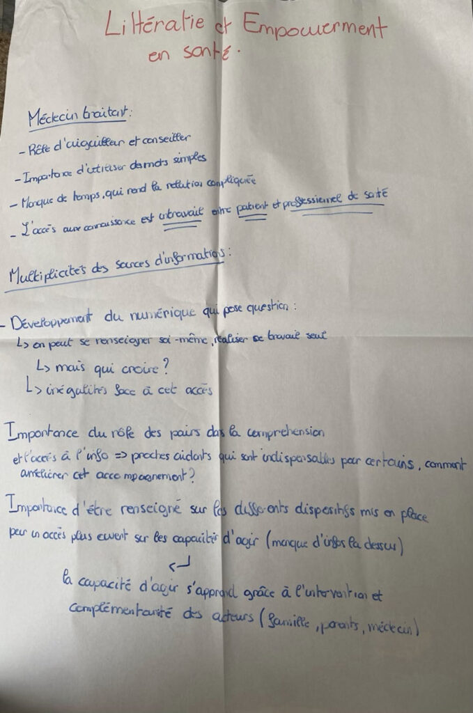 Support de synthèse produit par les participants sur le prisme 4 : Littératie et empowerment en santé